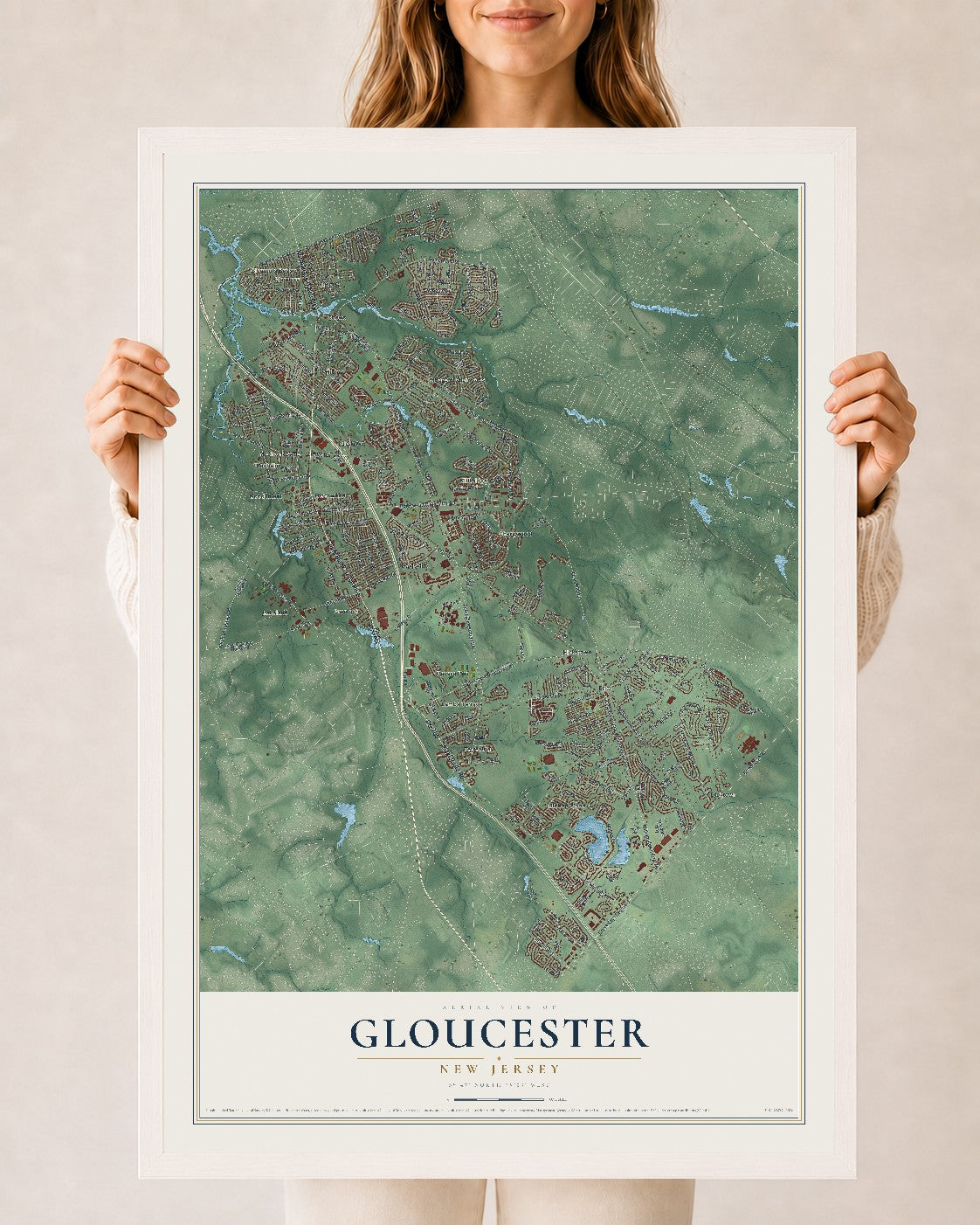 Gloucester, New Jersey map print, 24" x 36" W/ White Ayous Wood Frame mockup