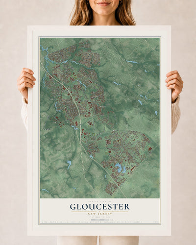 Gloucester, New Jersey map print, 24" x 36" W/ White Ayous Wood Frame mockup