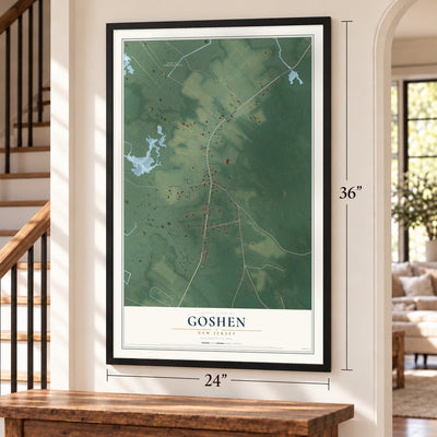 Goshen, New Jersey map, 24 x 36 inch print in a black frame by a staircase