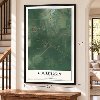 Gouldtown, New Jersey map, 24 x 36 inch print in a black frame by a staircase