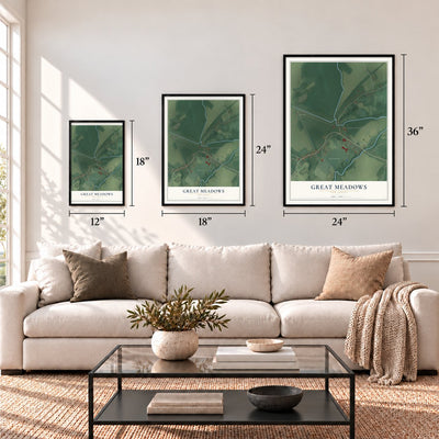 Great Meadows, New Jersey map in 12 x 18, 18 x 24 and 24 x 36 inch sizes above a sofa