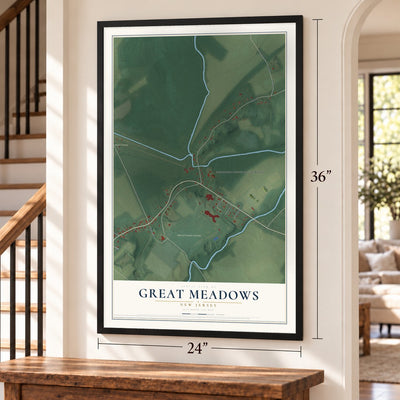 Great Meadows, New Jersey map, 24 x 36 inch print in a black frame by a staircase