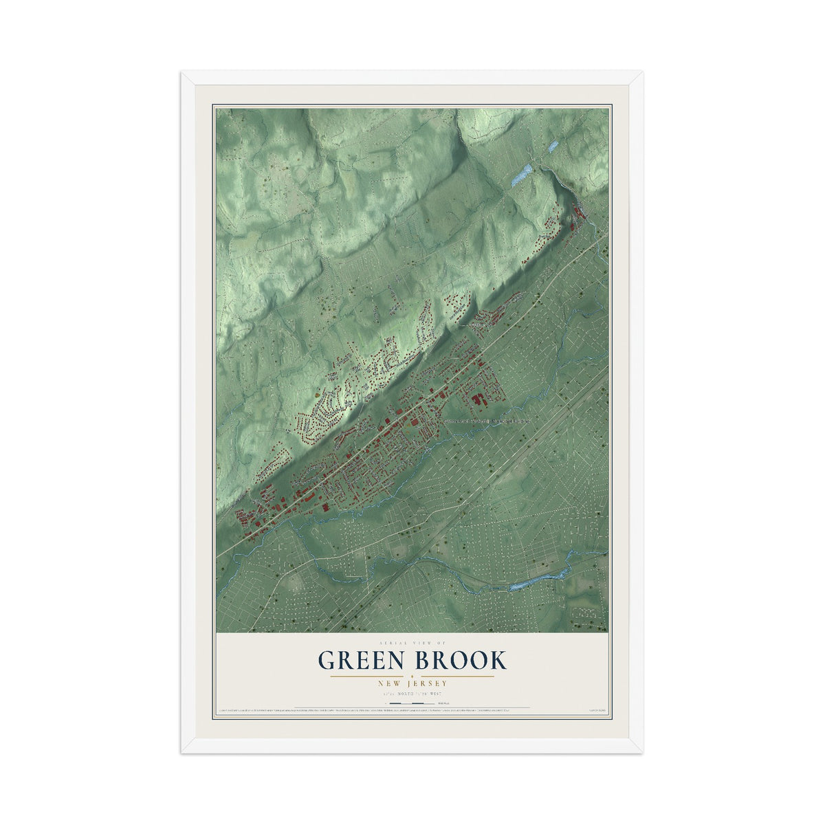 Green Brook, New Jersey map print, 12" x 18" W/ White Ayous Wood Frame mockup
