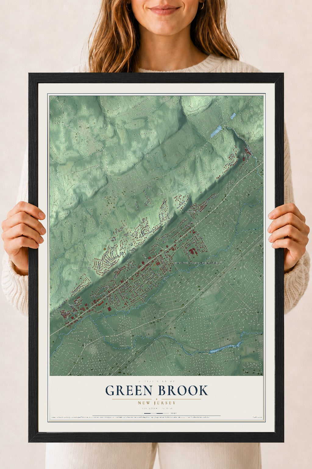 Green Brook, New Jersey map print, 18" x 24" W/ Black Ayous Wood Frame mockup