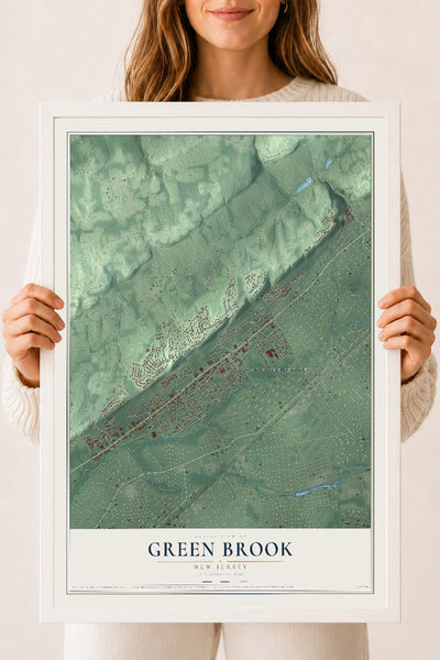 Green Brook, New Jersey map print, 18" x 24" W/ White Ayous Wood Frame mockup