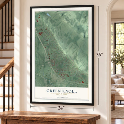 Green Knoll, New Jersey map, 24 x 36 inch print in a black frame by a staircase