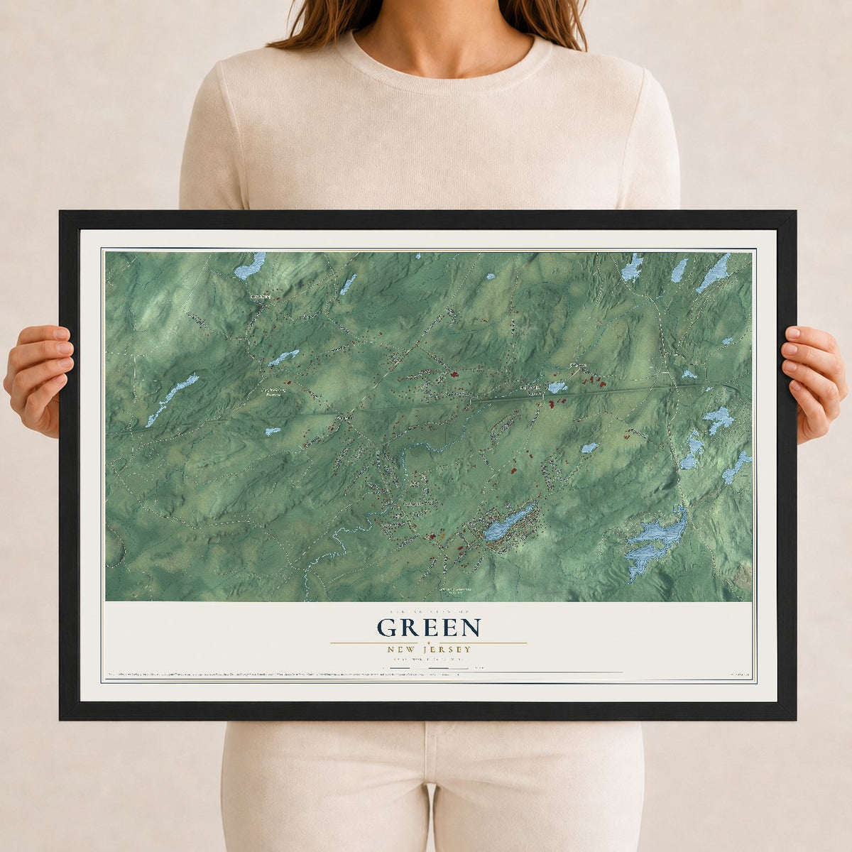 Green, New Jersey map print, 12" x 18" W/ Black Ayous Wood Frame mockup