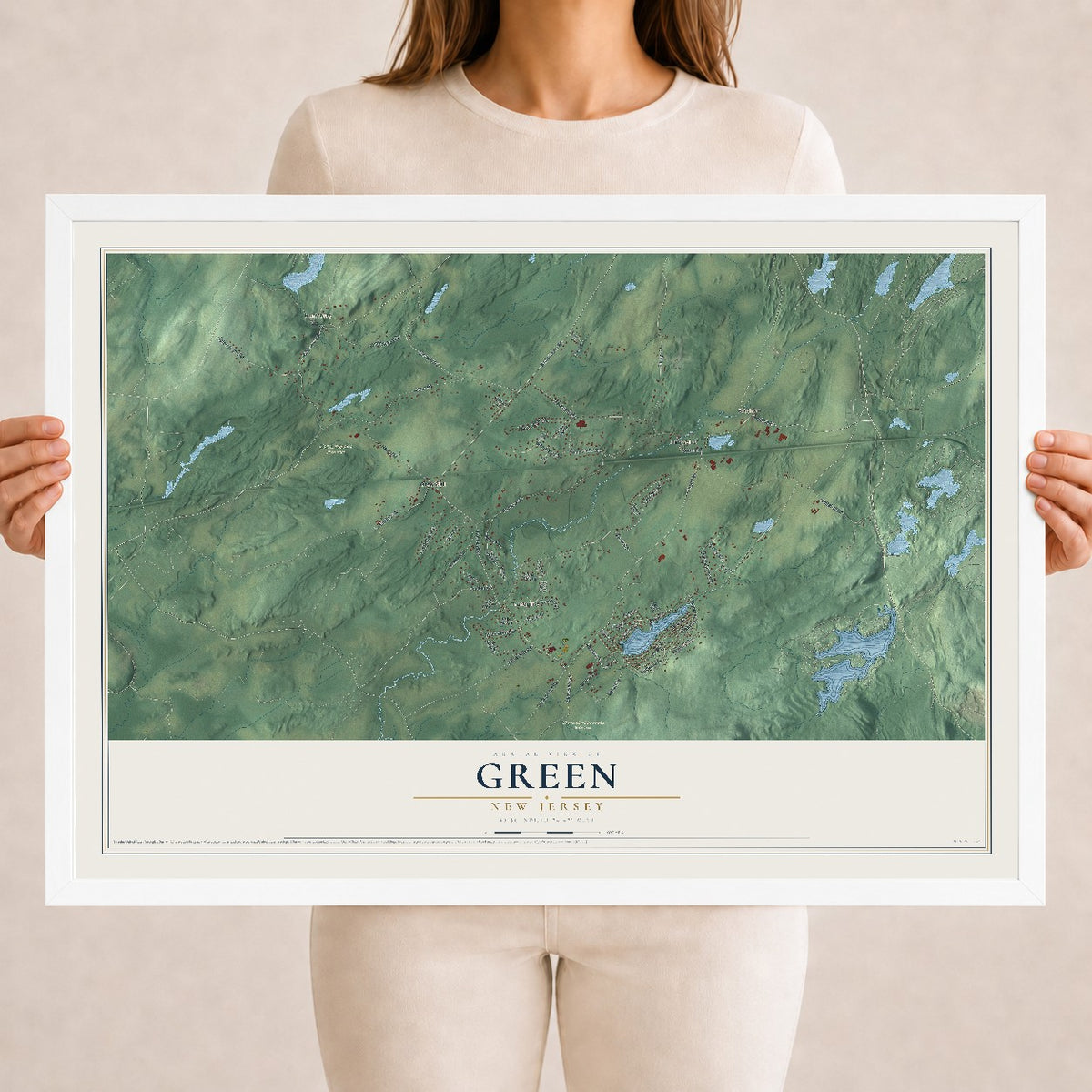 Green, New Jersey map print, 18" x 24" W/ White Ayous Wood Frame mockup