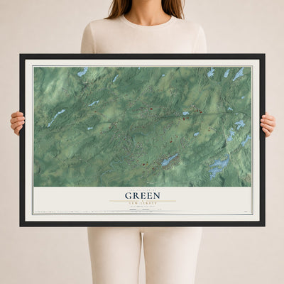Green, New Jersey map print, 24" x 36" W/ Black Ayous Wood Frame mockup