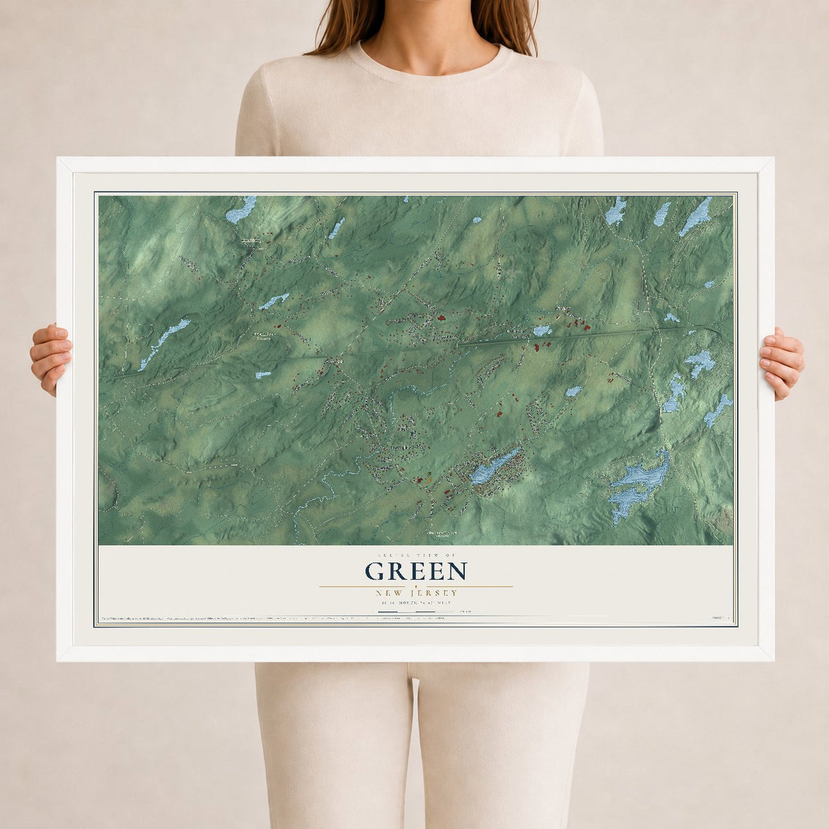 Green, New Jersey map print, 24" x 36" W/ White Ayous Wood Frame mockup