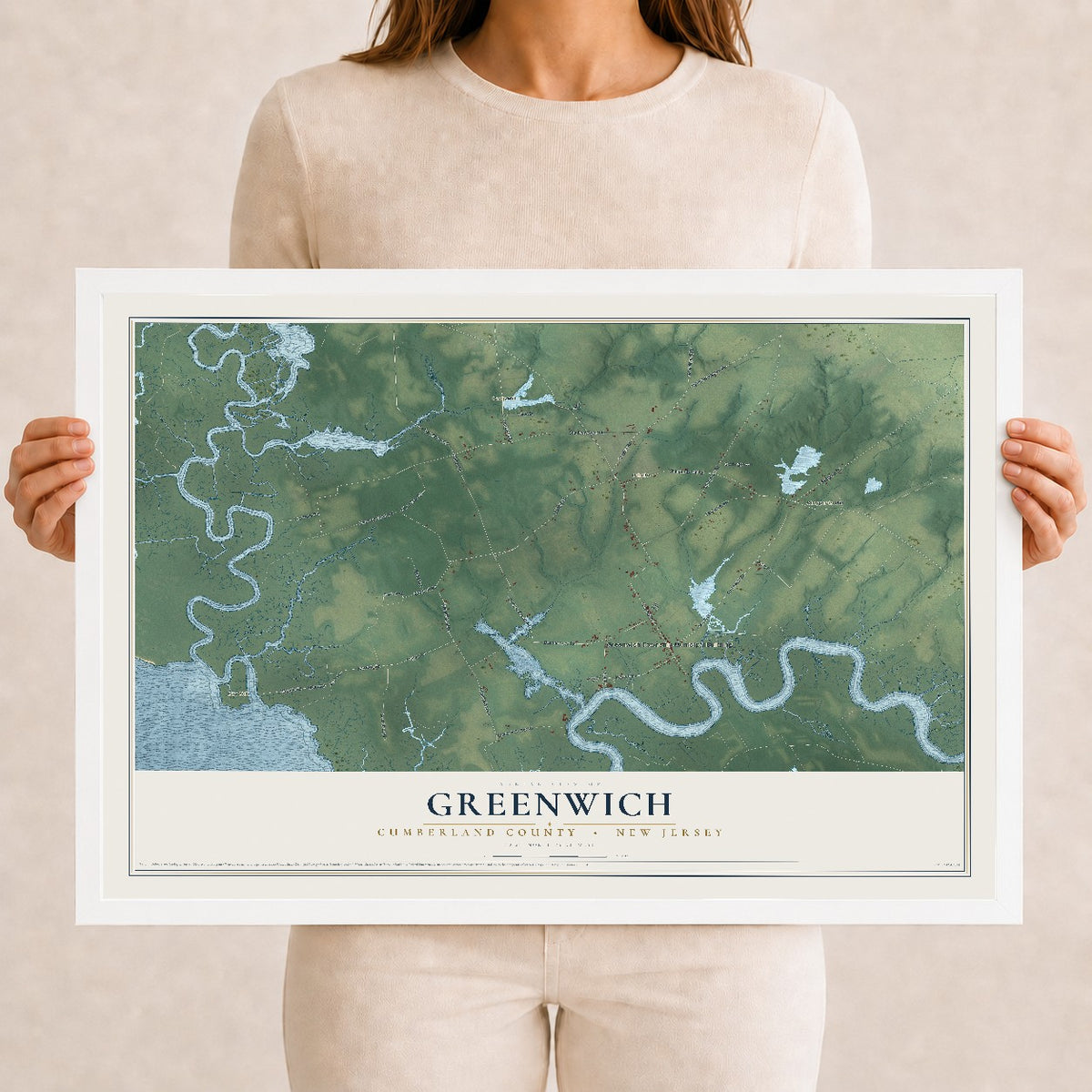 Greenwich, New Jersey map print, 12" x 18" W/ White Ayous Wood Frame mockup
