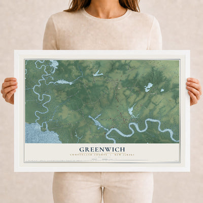 Greenwich, New Jersey map print, 12" x 18" W/ White Ayous Wood Frame mockup