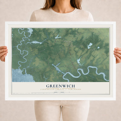 Greenwich, New Jersey map print, 18" x 24" W/ White Ayous Wood Frame mockup