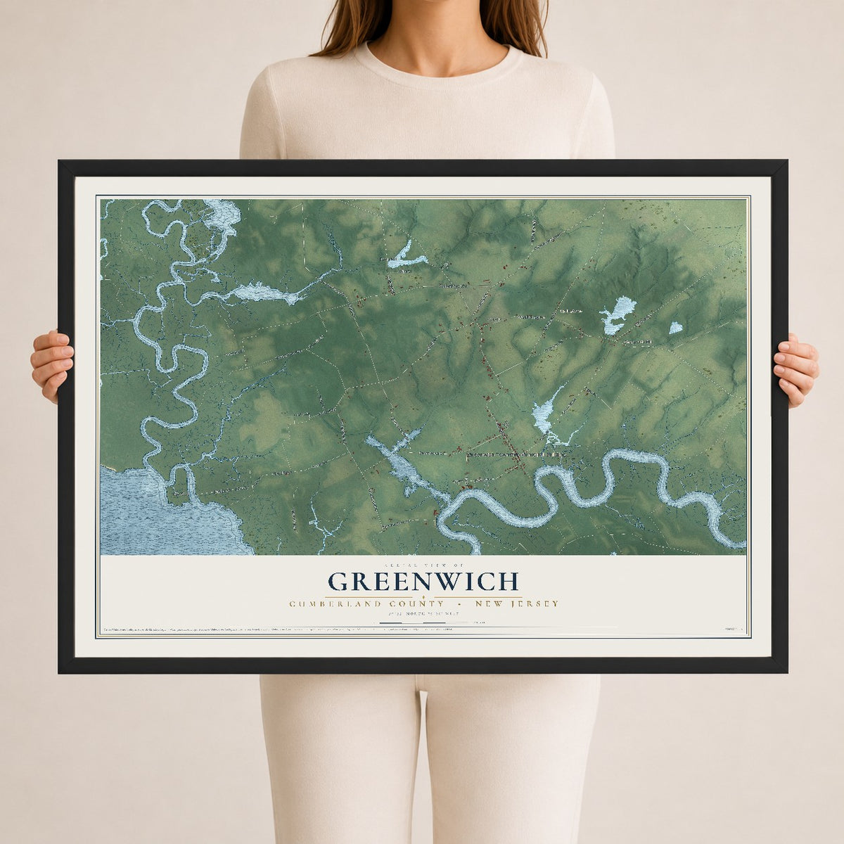 Greenwich, New Jersey map print, 24" x 36" W/ Black Ayous Wood Frame mockup