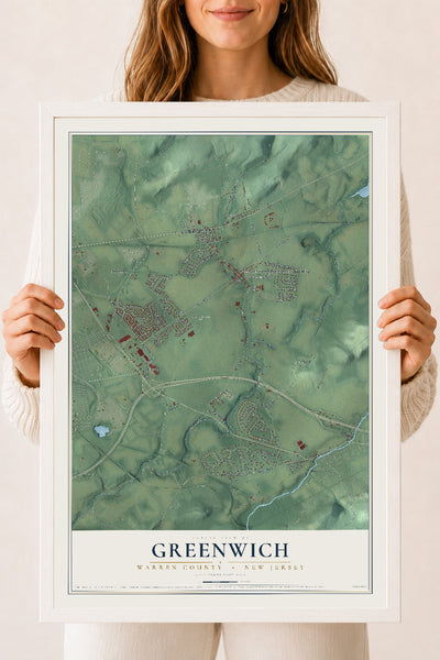 Greenwich, New Jersey map print, 18" x 24" W/ White Ayous Wood Frame mockup