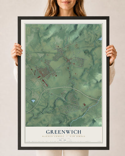 Greenwich, New Jersey map print, 24" x 36" W/ Black Ayous Wood Frame mockup