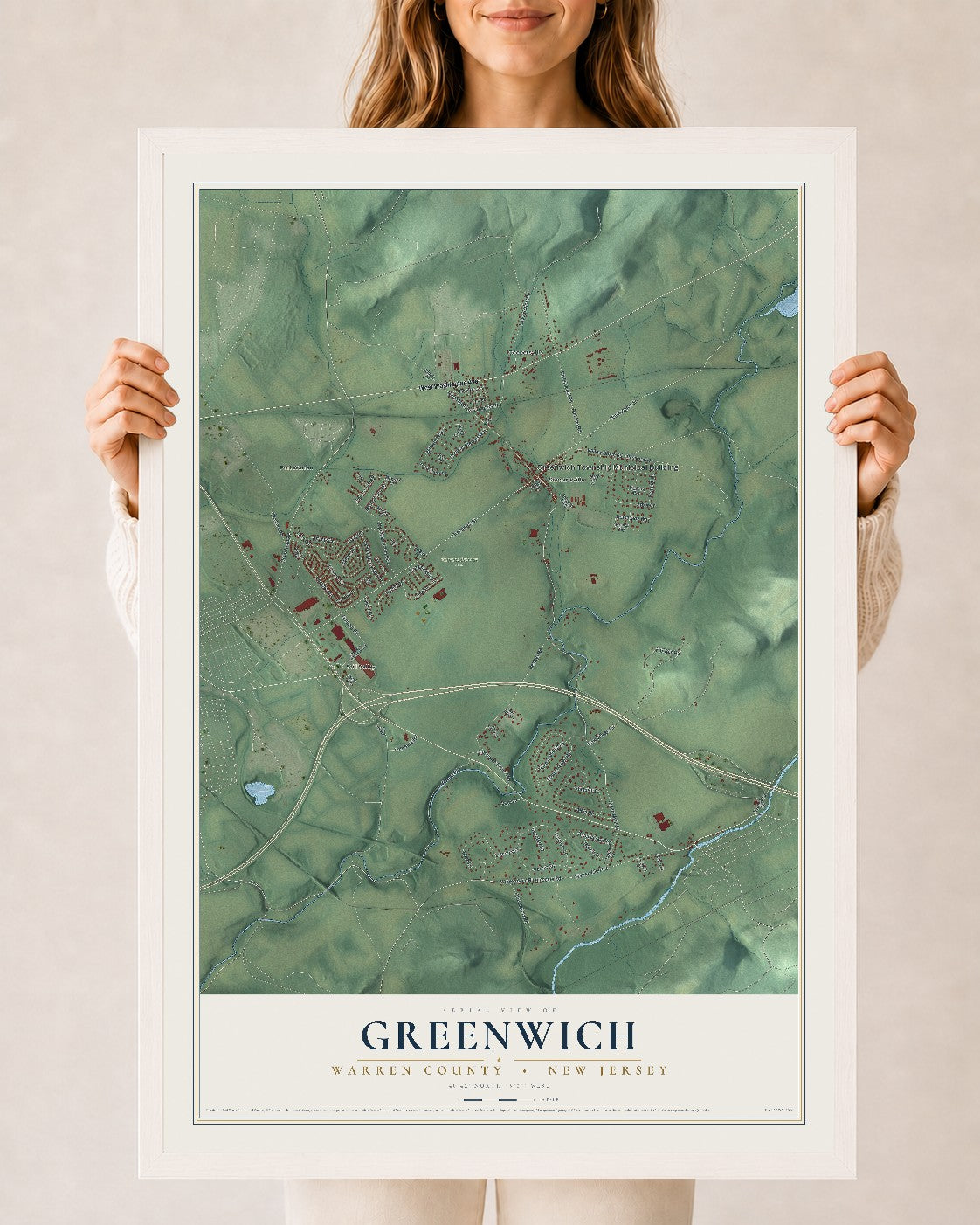 Greenwich, New Jersey map print, 24" x 36" W/ White Ayous Wood Frame mockup