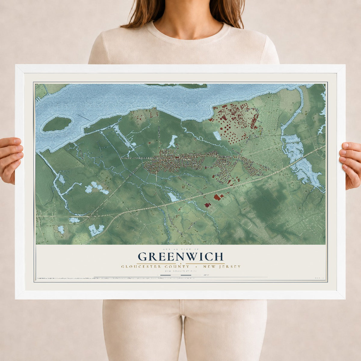 Greenwich, New Jersey map print, 18" x 24" W/ White Ayous Wood Frame mockup