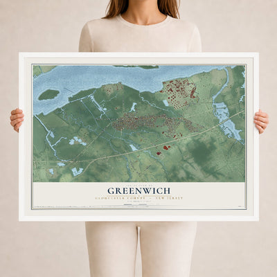 Greenwich, New Jersey map print, 24" x 36" W/ White Ayous Wood Frame mockup