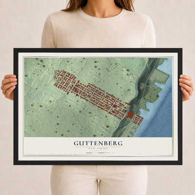 Guttenberg, New Jersey map print, 12" x 18" W/ Black Ayous Wood Frame mockup