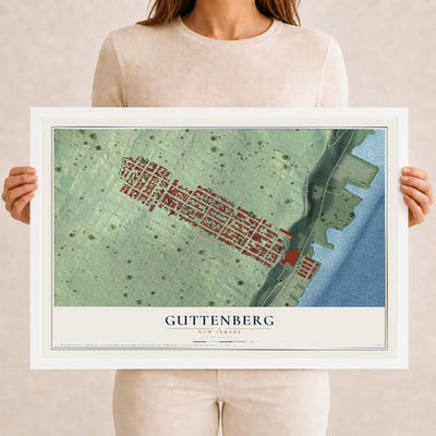 Guttenberg, New Jersey map print, 12" x 18" W/ White Ayous Wood Frame mockup