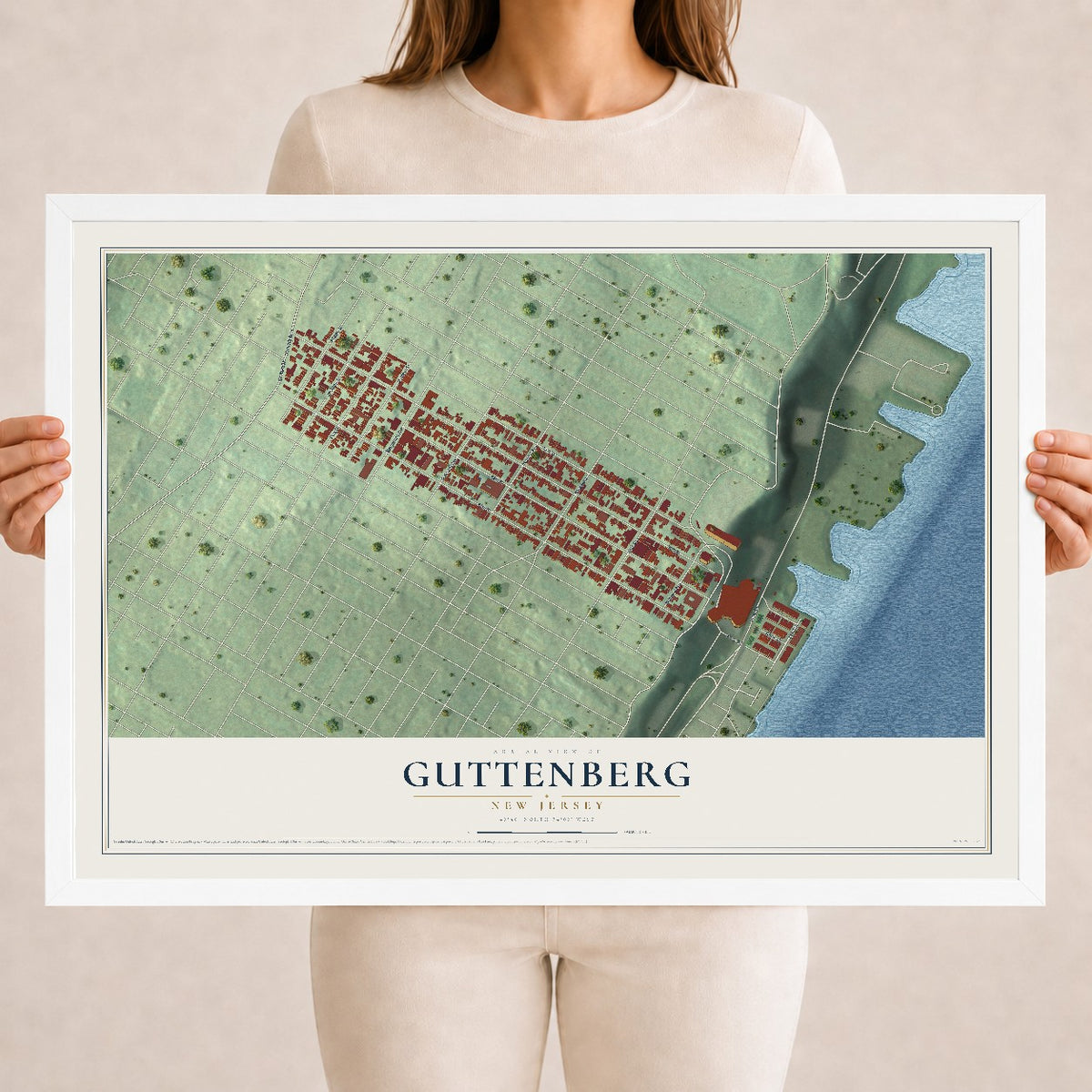 Guttenberg, New Jersey map print, 18" x 24" W/ White Ayous Wood Frame mockup