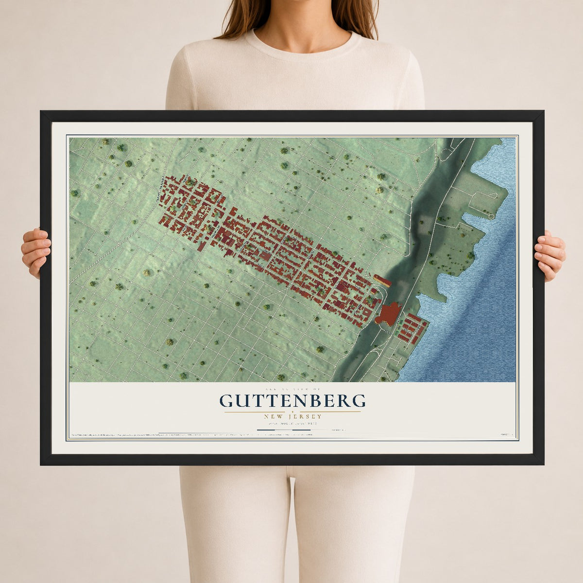 Guttenberg, New Jersey map print, 24" x 36" W/ Black Ayous Wood Frame mockup