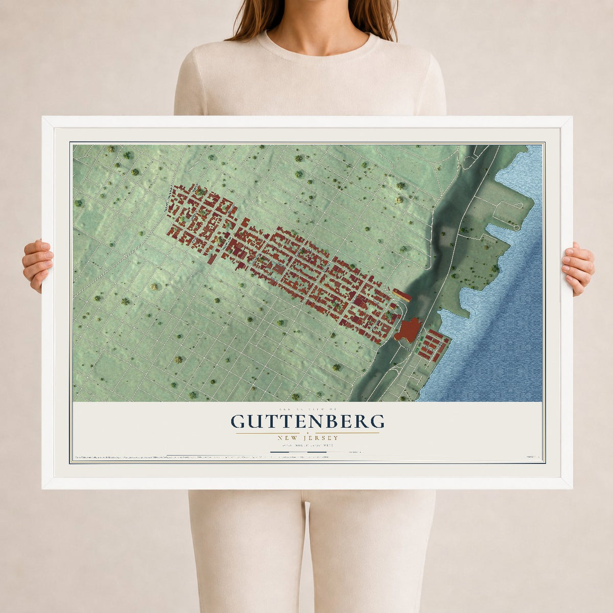 Guttenberg, New Jersey map print, 24" x 36" W/ White Ayous Wood Frame mockup