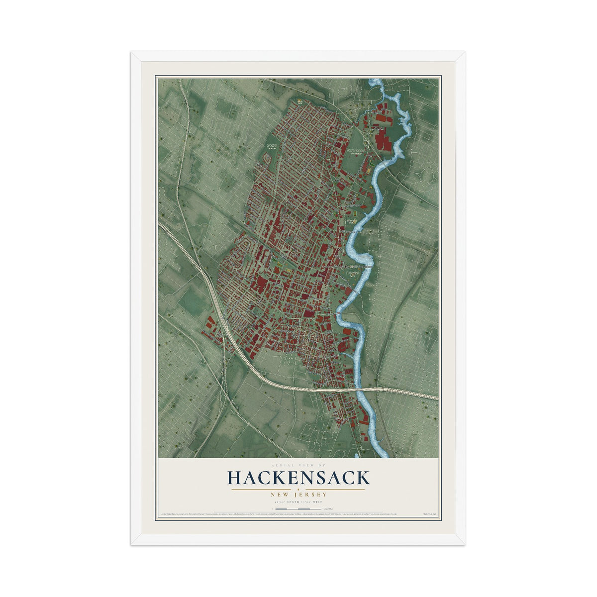 Hackensack, New Jersey map print, 12" x 18" W/ White Ayous Wood Frame mockup