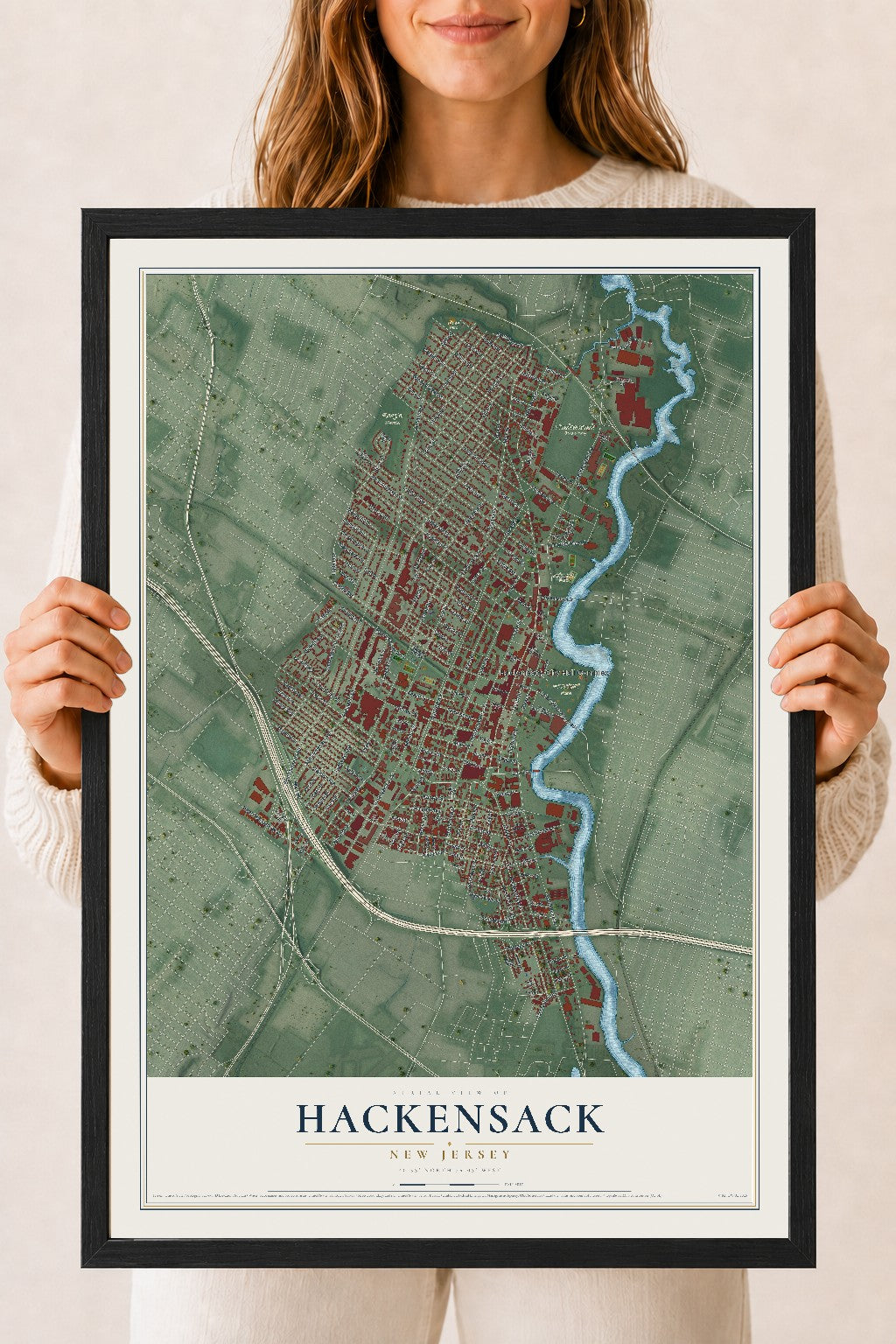 Hackensack, New Jersey map print, 18" x 24" W/ Black Ayous Wood Frame mockup