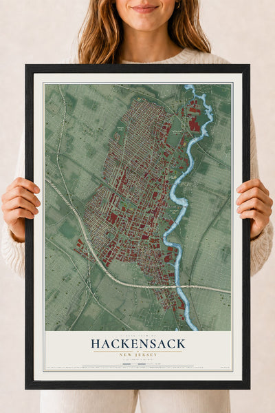 Hackensack, New Jersey map print, 18" x 24" W/ Black Ayous Wood Frame mockup