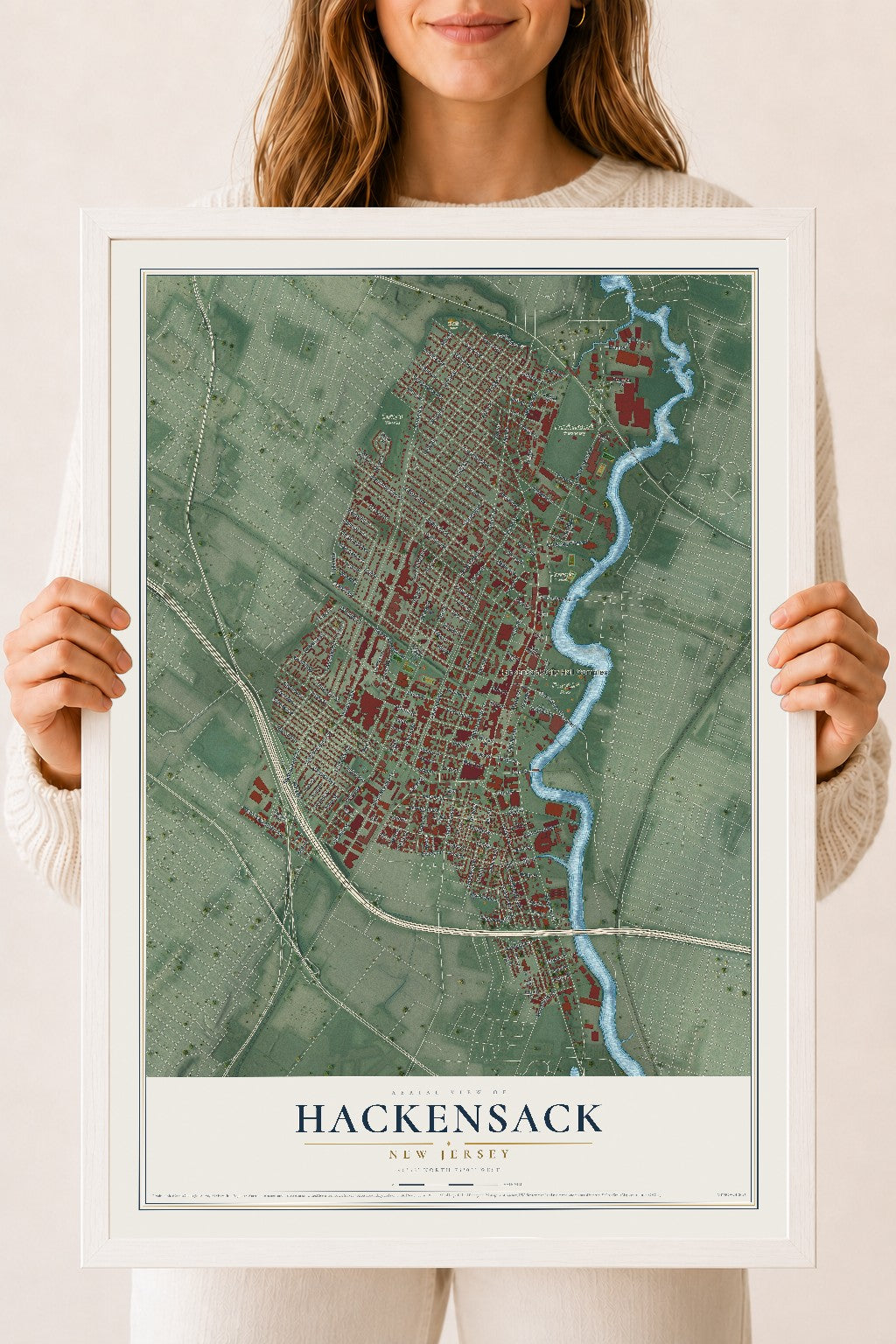 Hackensack, New Jersey map print, 18" x 24" W/ White Ayous Wood Frame mockup