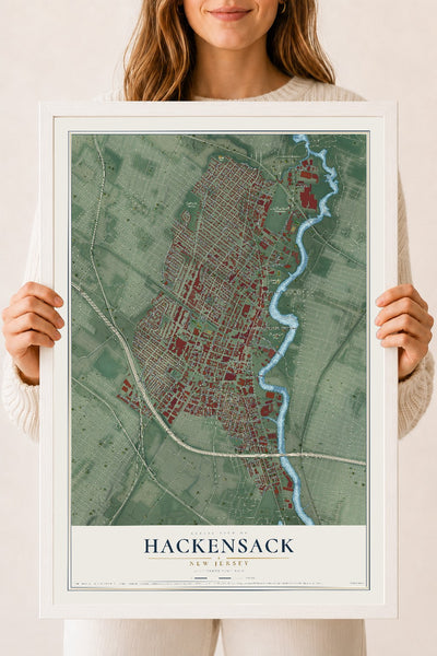 Hackensack, New Jersey map print, 18" x 24" W/ White Ayous Wood Frame mockup