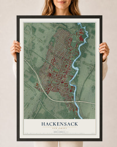 Hackensack, New Jersey map print, 24" x 36" W/ Black Ayous Wood Frame mockup