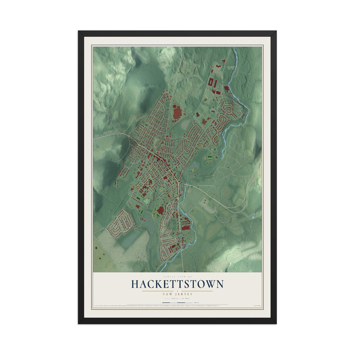 Hackettstown, New Jersey map print, 12" x 18" W/ Black Ayous Wood Frame mockup