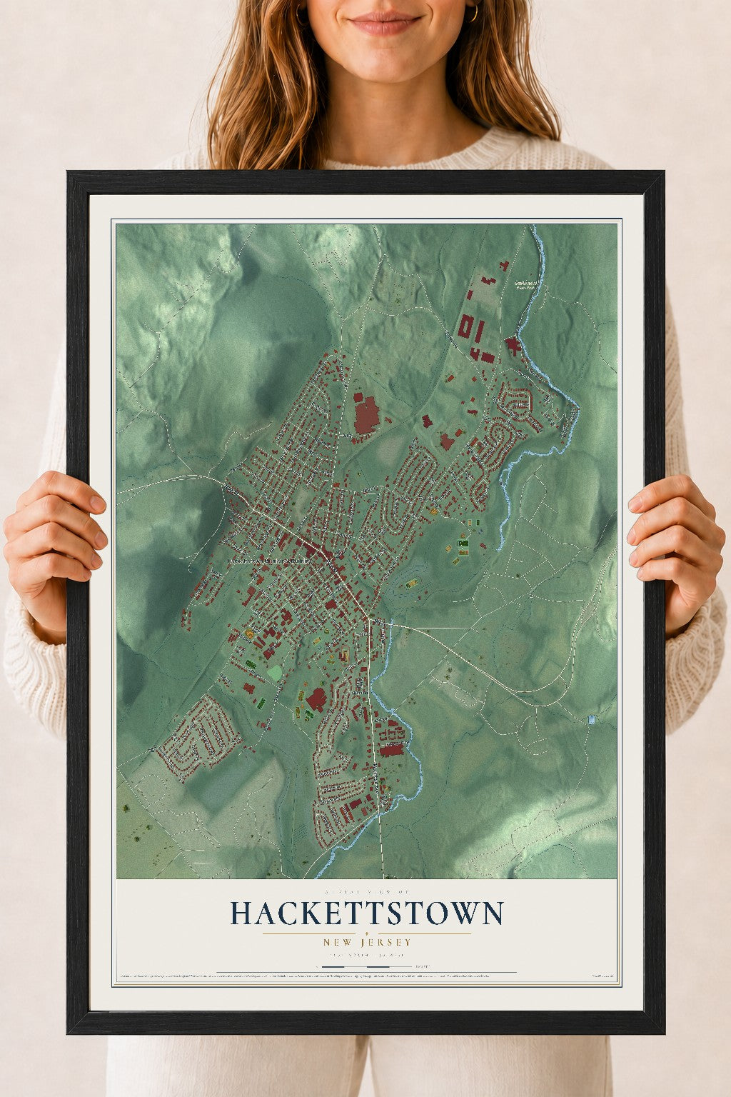 Hackettstown, New Jersey map print, 18" x 24" W/ Black Ayous Wood Frame mockup