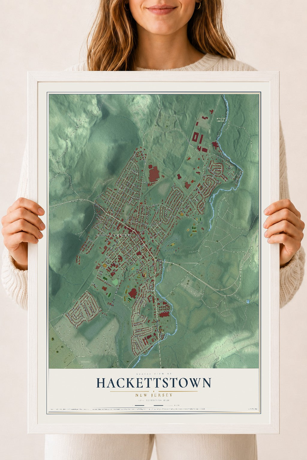 Hackettstown, New Jersey map print, 18" x 24" W/ White Ayous Wood Frame mockup