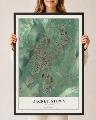 Hackettstown, New Jersey map print, 24" x 36" W/ Black Ayous Wood Frame mockup