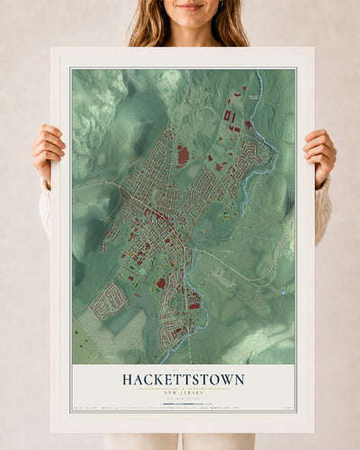 Hackettstown, New Jersey map print, 24" x 36" W/ White Ayous Wood Frame mockup