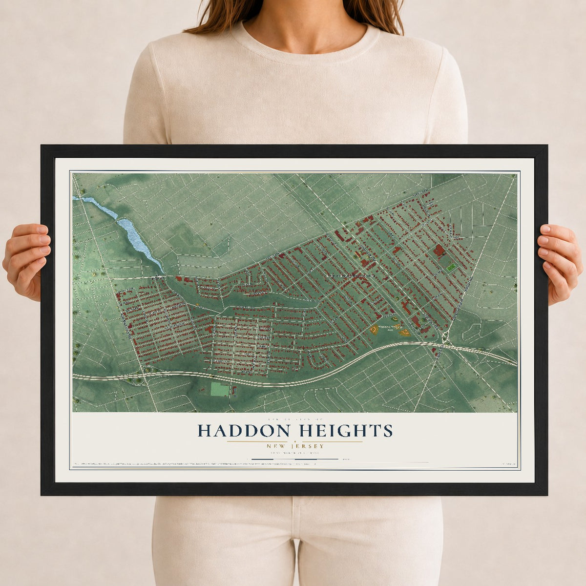 Haddon Heights, New Jersey map print, 12" x 18" W/ Black Ayous Wood Frame mockup