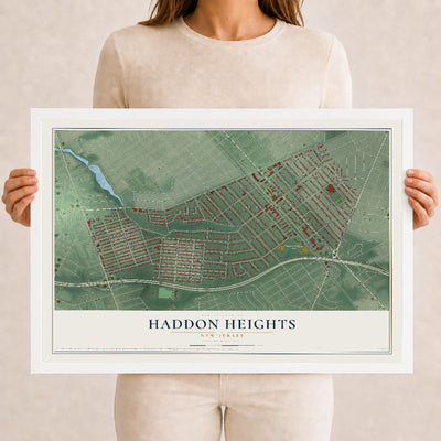 Haddon Heights, New Jersey map print, 12" x 18" W/ White Ayous Wood Frame mockup