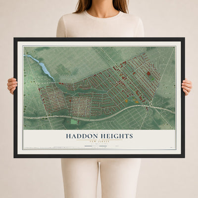 Haddon Heights, New Jersey map print, 24" x 36" W/ Black Ayous Wood Frame mockup