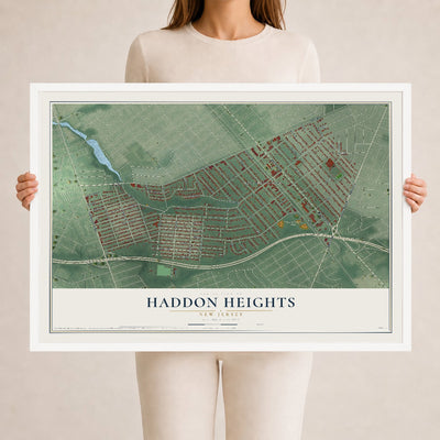 Haddon Heights, New Jersey map print, 24" x 36" W/ White Ayous Wood Frame mockup