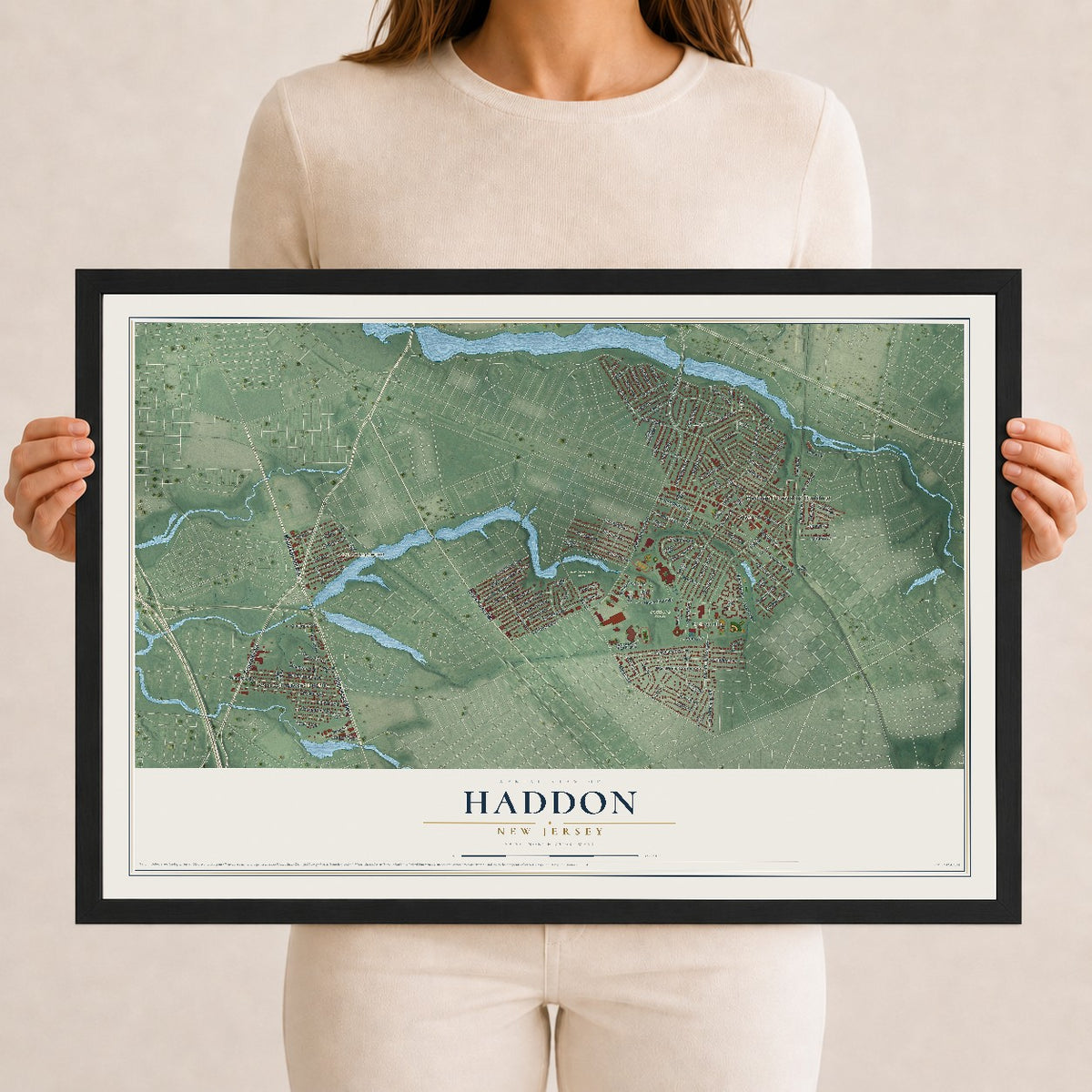 Haddon, New Jersey map print, 12" x 18" W/ Black Ayous Wood Frame mockup