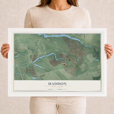 Haddon, New Jersey map print, 12" x 18" W/ White Ayous Wood Frame mockup
