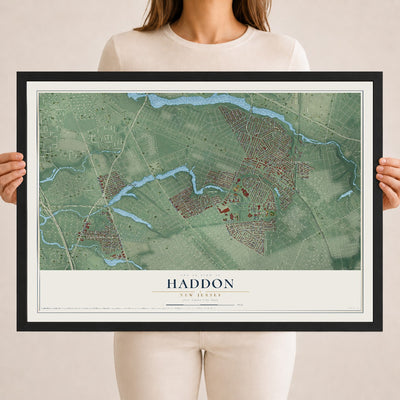 Haddon, New Jersey map print, 18" x 24" W/ Black Ayous Wood Frame mockup