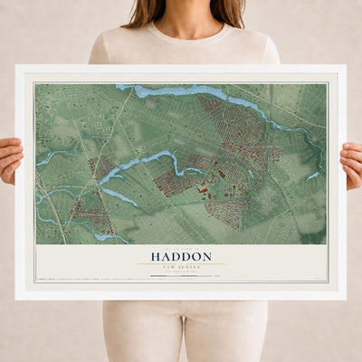 Haddon, New Jersey map print, 18" x 24" W/ White Ayous Wood Frame mockup