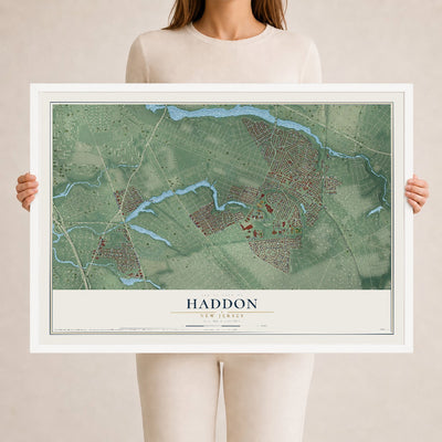 Haddon, New Jersey map print, 24" x 36" W/ White Ayous Wood Frame mockup
