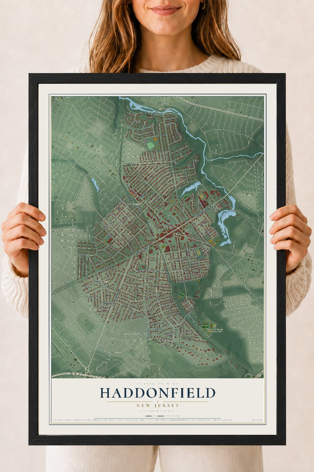 Haddonfield, New Jersey map print, 18" x 24" W/ Black Ayous Wood Frame mockup