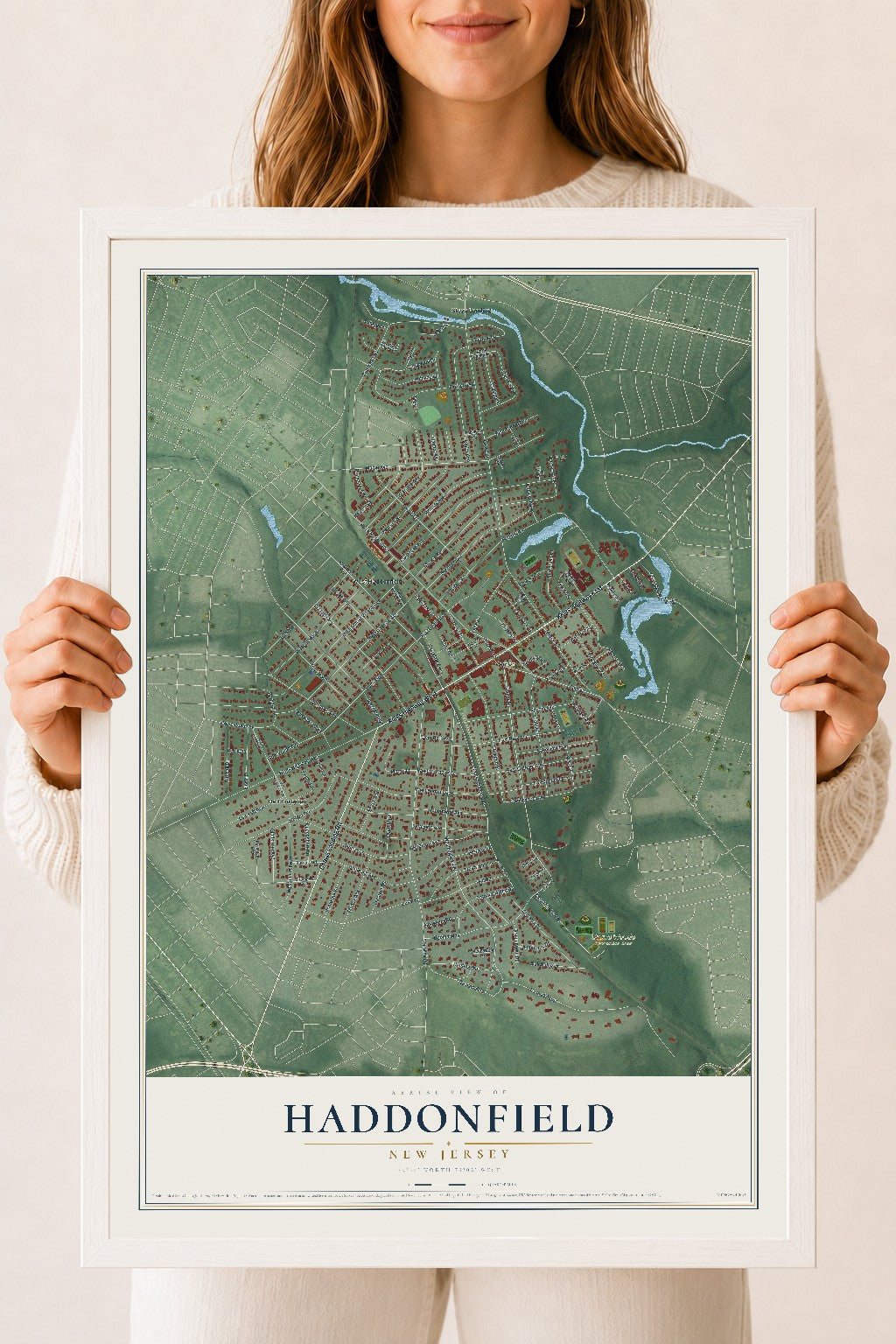 Haddonfield, New Jersey map print, 18" x 24" W/ White Ayous Wood Frame mockup